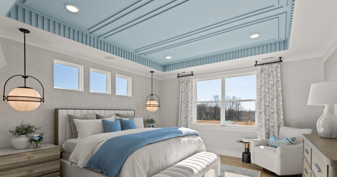 Blue textured ceiling in the primary bedroom