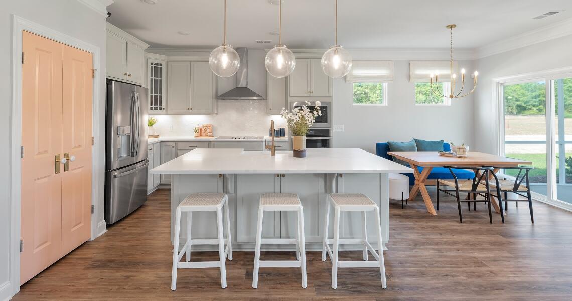 Coral pantry doors in kitchen