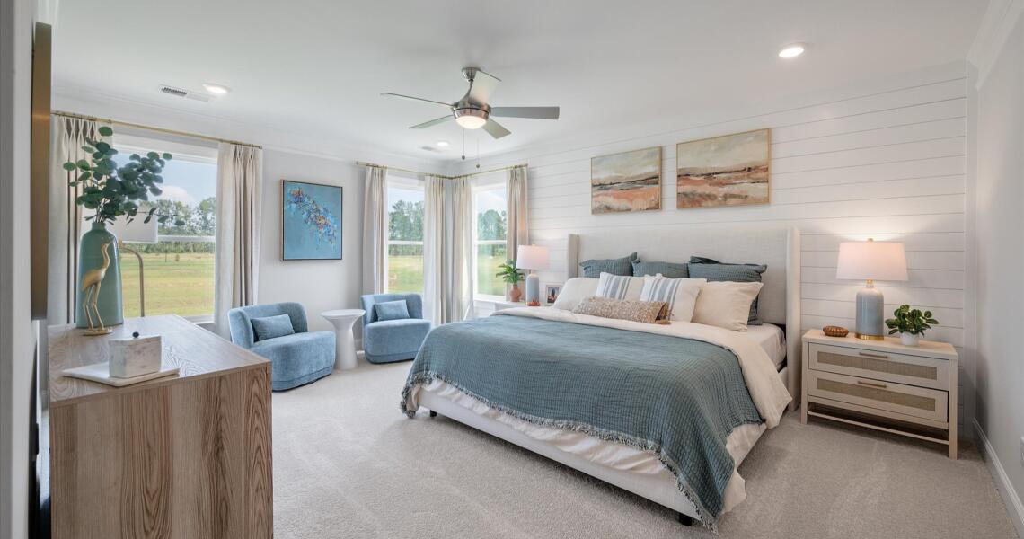 Textured shiplap wall in primary bedroom