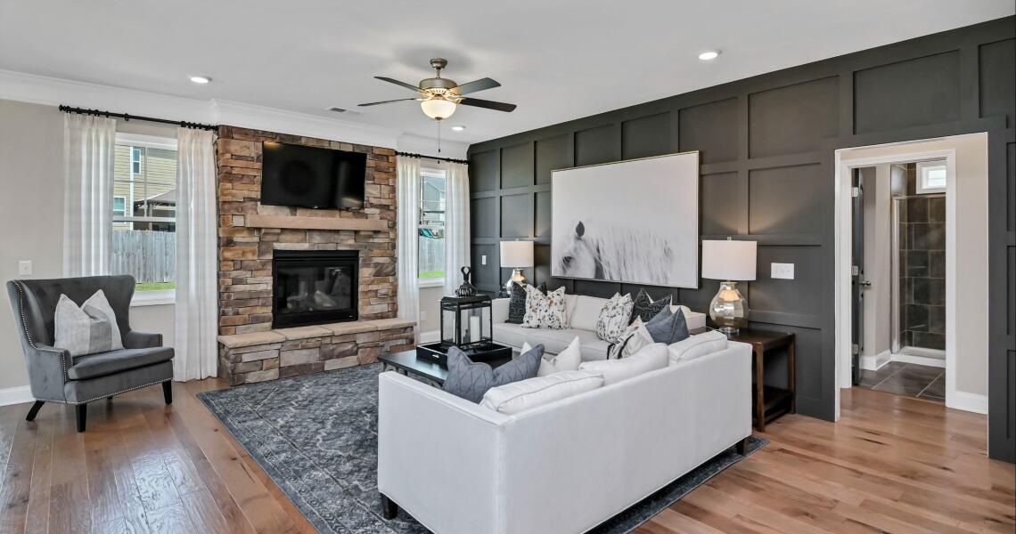 Living room accent wall with trim